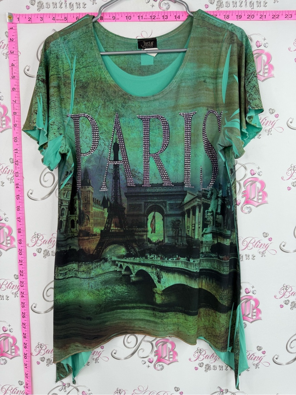 Jostar tshirt rhinestone studded Paris Graphic Green Rhinestone Tunic by Jostar